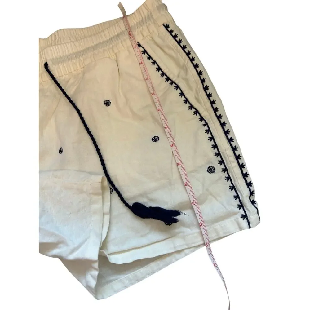 Old Navy Drawstring Linen Blend Shorts‎ White Blue Boho Embroidered Large